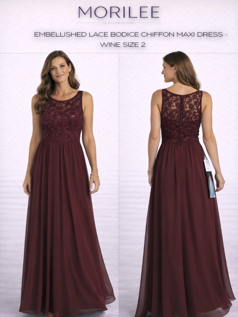 MORILEE WINE LACE CHIFFON MAXI GOWN SZ 2
